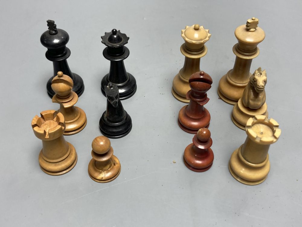 Two Staunton chess sets, Kings 7.7 and 8.2cm